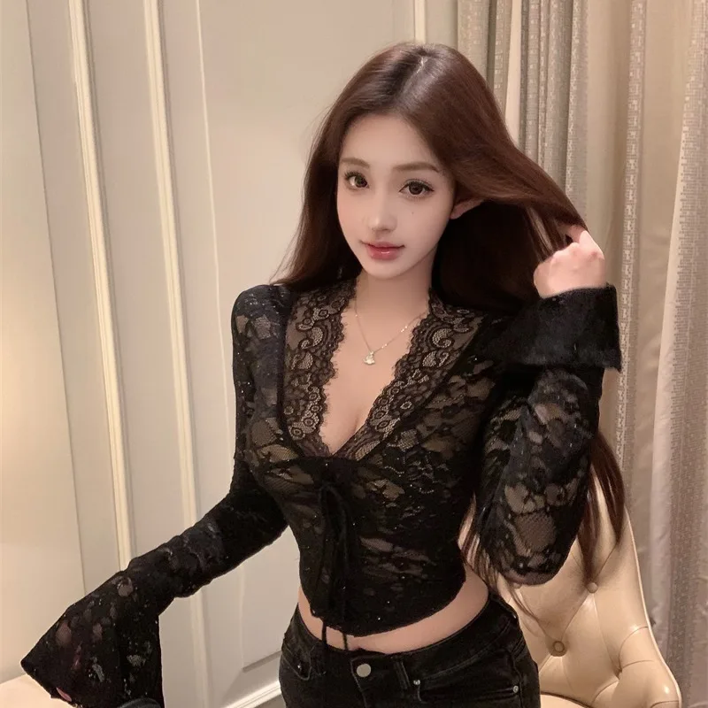 Elegant Black V-neck Lace Shirt Women's Long Sleeve Hollow out Fashionable Top Spring Autumn Seasonal New Style Versatile