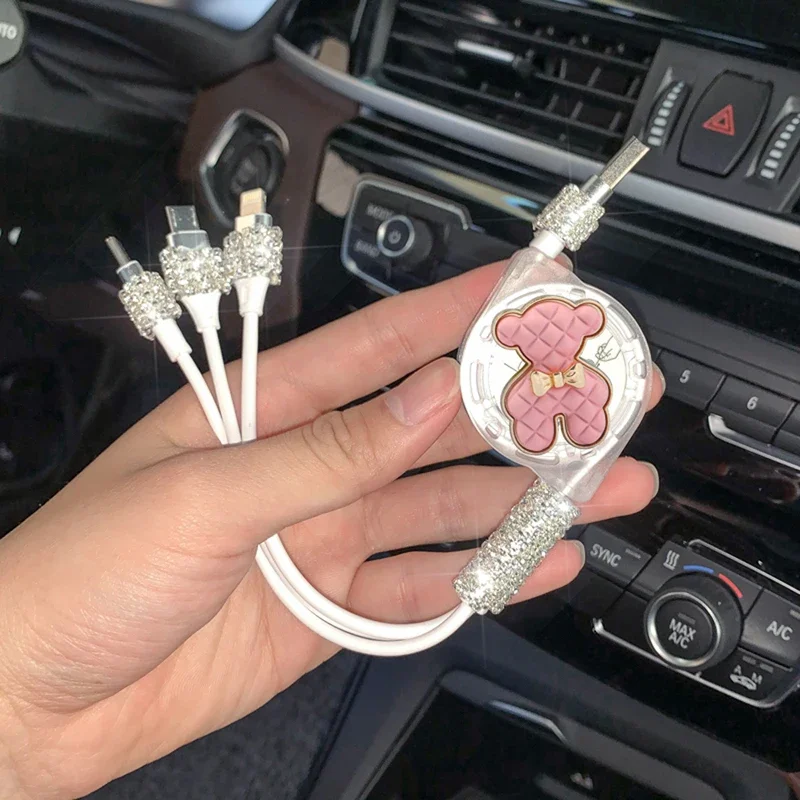 Bling Car Charger USB Multi Charging Cable Cute Auto Fast Charging with 1 in 3 Type C/Micro/Port Sync Data Line Car Accessories