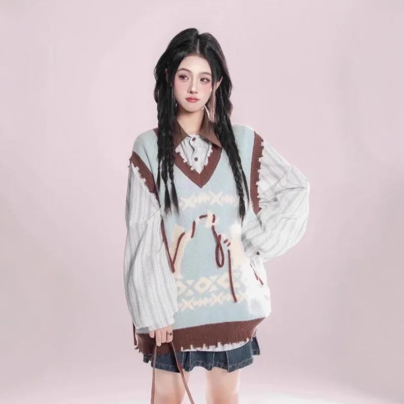 

Ripped Irregular V-neck Sweater Vest Sweater for Women's Autumn New Layered Jacquard Lace-up Top