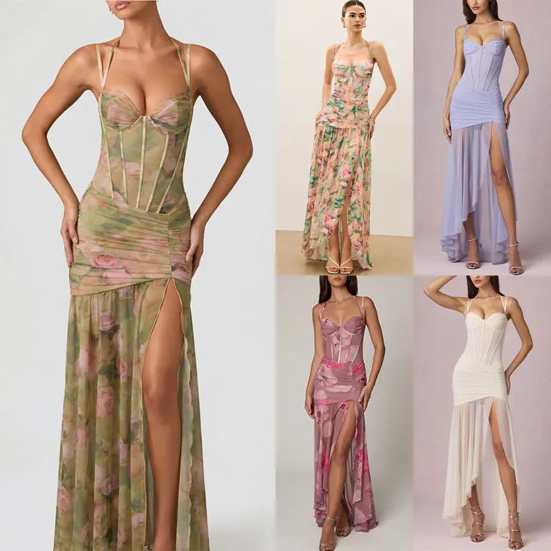 Women's Clothing 2026 Erotogenic Strap Mesh Printed Resort Style Beach Clothes Smart Fit Split Clothes Prom Beach Bandage