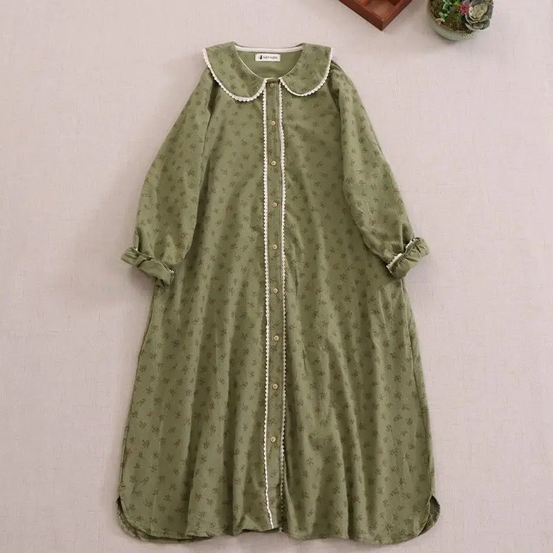 Mori Girl Style Floral Print Cute Doll Collar Long-sleeved Dress Loose Casual Retro Spring Fall Aesthetic Mid-length Women Dress