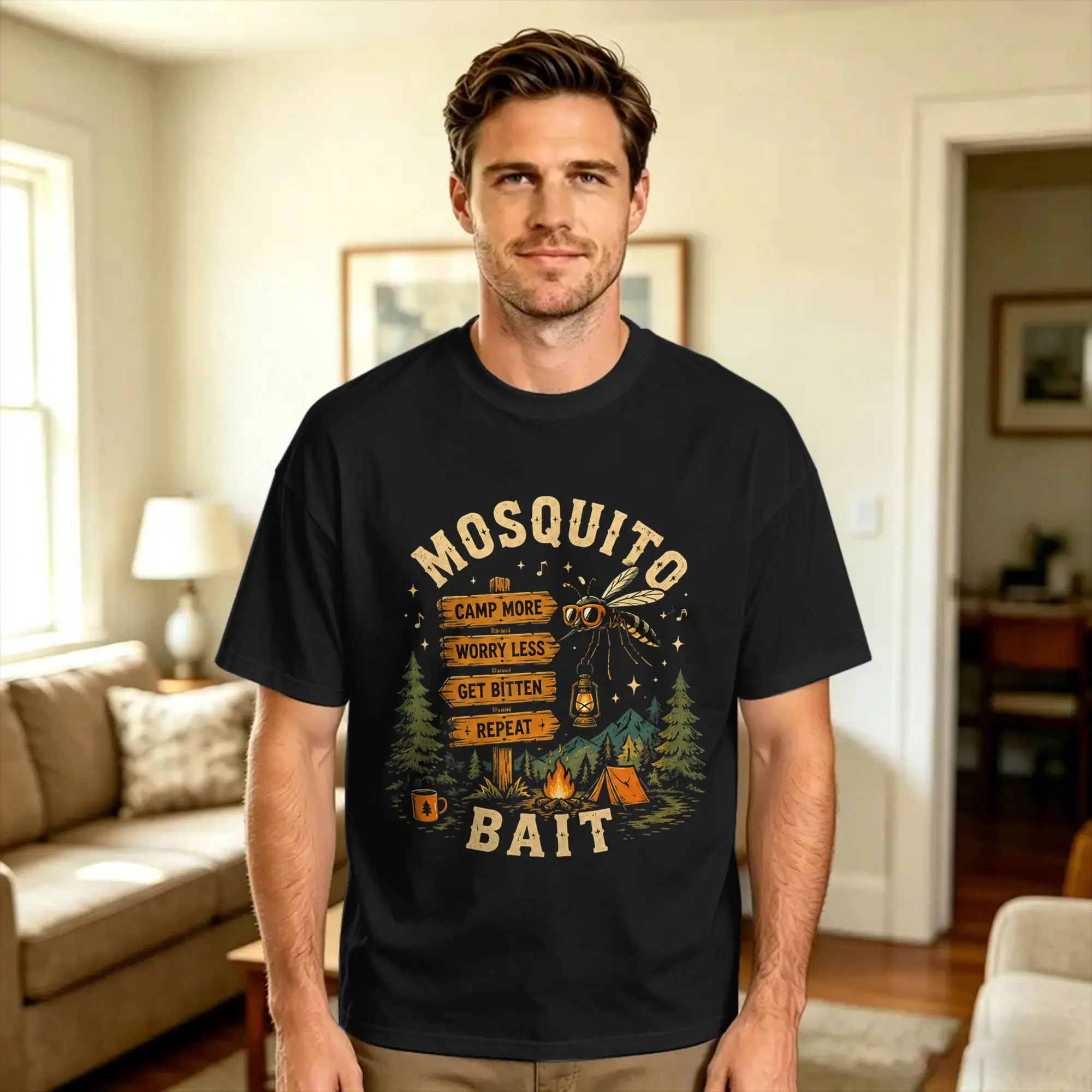 Camping Mosquito Bait Campfire for Retro Squad Camper Summer Cotton T Shirt For Men Summer  Y2K Retro T Shirts Novelty Tees