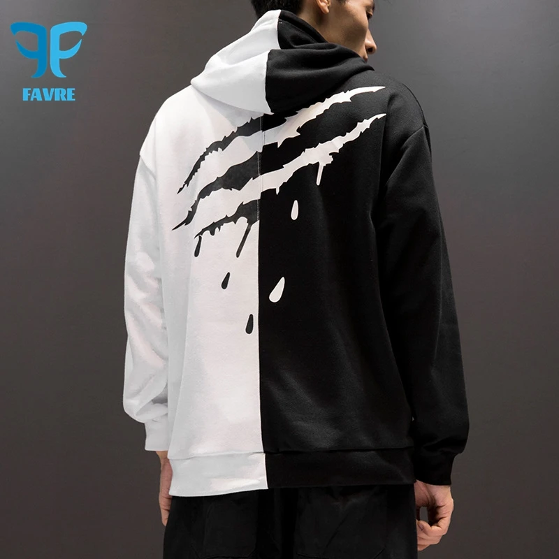 FAVRE Scratch Letter Print Sweatshirts Autumn Winter Stitching Hoodies Men Colorblock Pullover Y2K Europe and America Couple Top