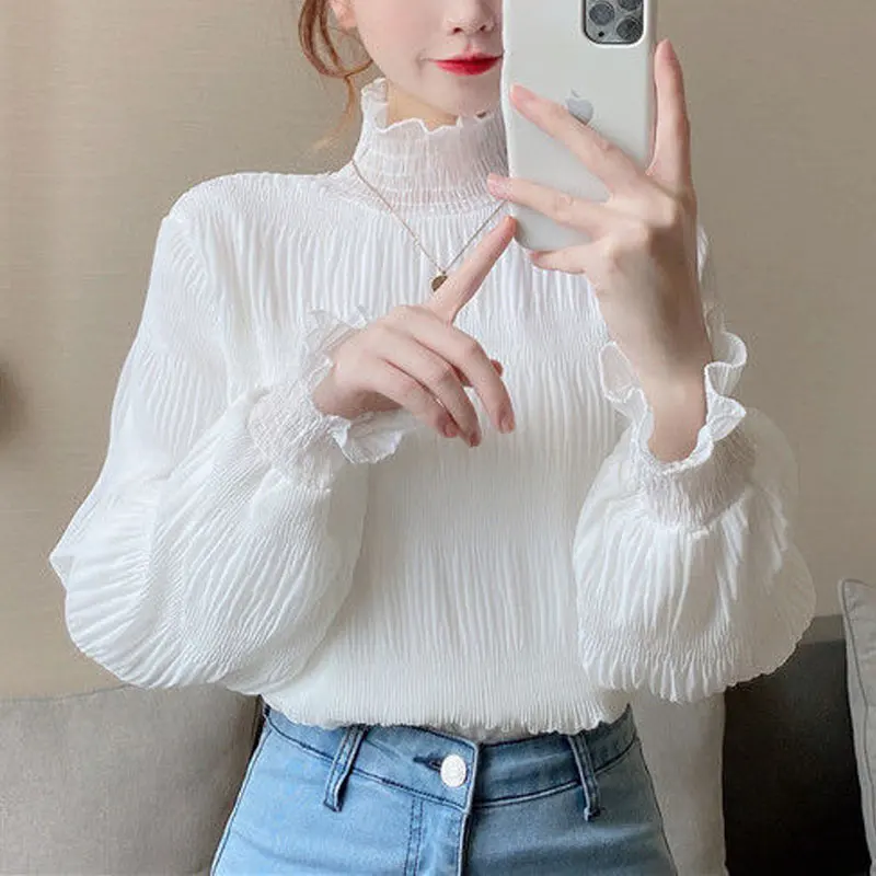 Basic Solid Color Fashion Shirring Shirt Folds Turtleneck Autumn Winter Thin Long Sleeve Women\'s Clothing Korean Sweet Blouse