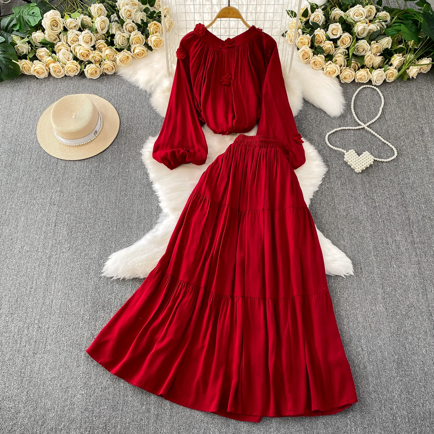 Chic vintage Three-dimensional long sleeve slim Elegant Fairy korean fashion Boho women clothing Long dress