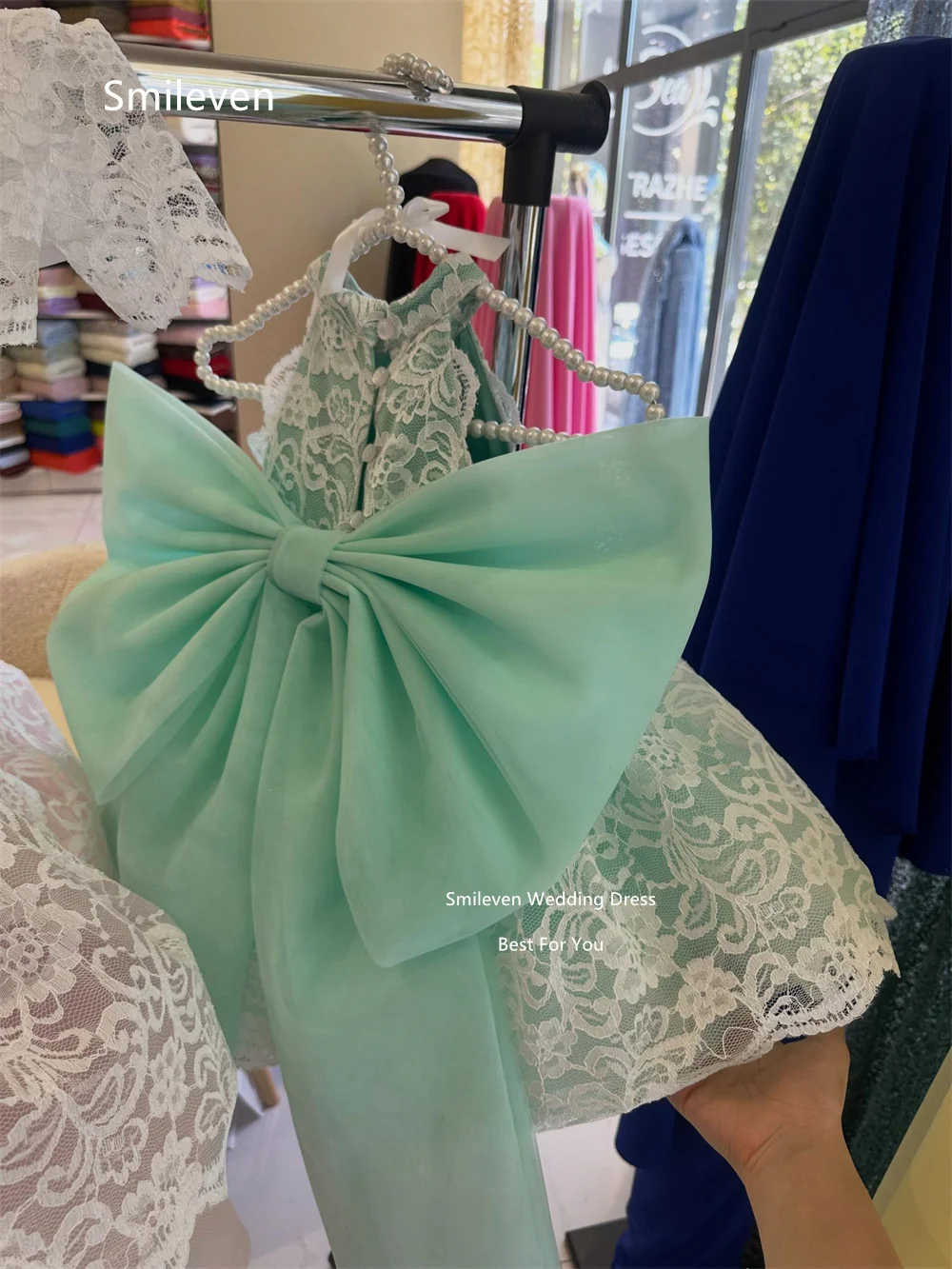 Smileven Green Ball Gown Girl Flower Dress Halter Neck Sleeveless Birthday Dresses Oversized Back Bow Button Gowns Customized