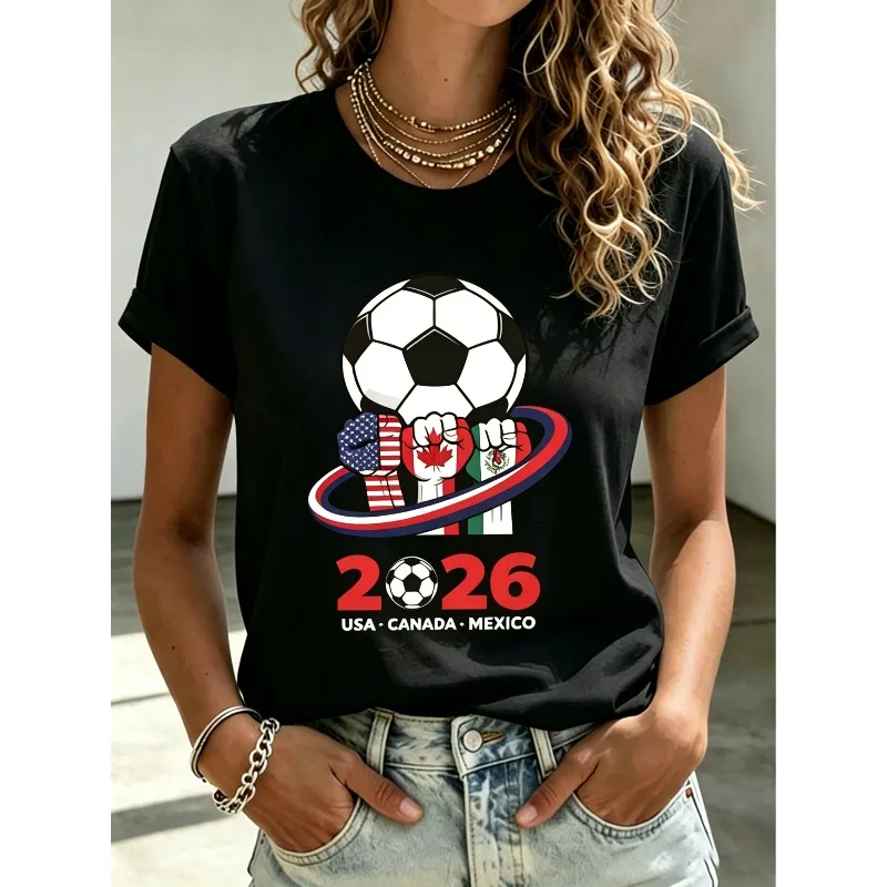 ilstile 2026 USA Canada Mexico Soccer Fist Flag Print T-Shirt  Casual Short Sleeve Crew Neck Tee Female Football Fan Gift Daily
