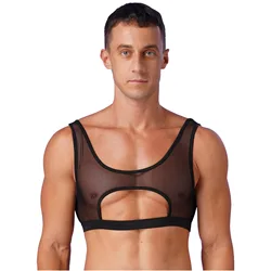 Sexy Man Transparent T-shirts Sheer Mesh Crop Tops Vest Tanks Sleeveless Sports Muscle Undershirt U Neck Vests Tee For Male