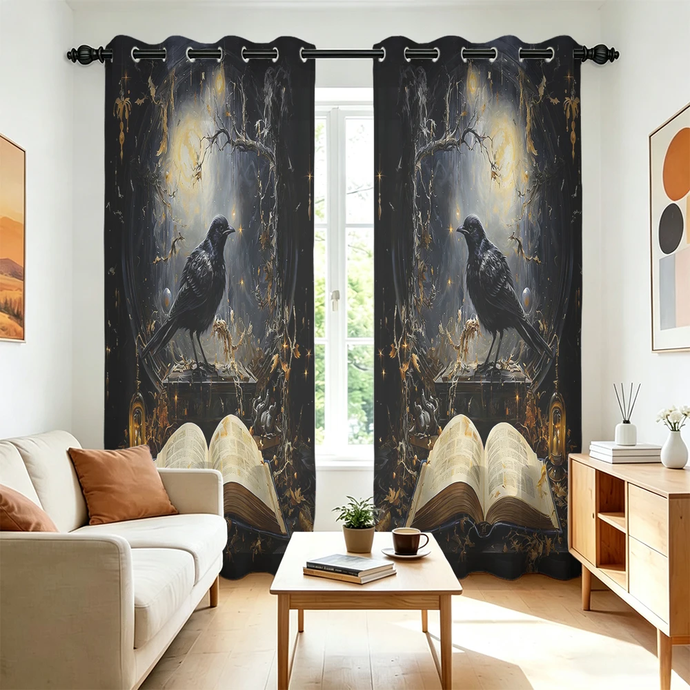2Pcs Gothic Retro Crow Ancient Book Print Curtains Perforated Hole‑Punch For Hanging Blackout Privacy Drapes For Living Room