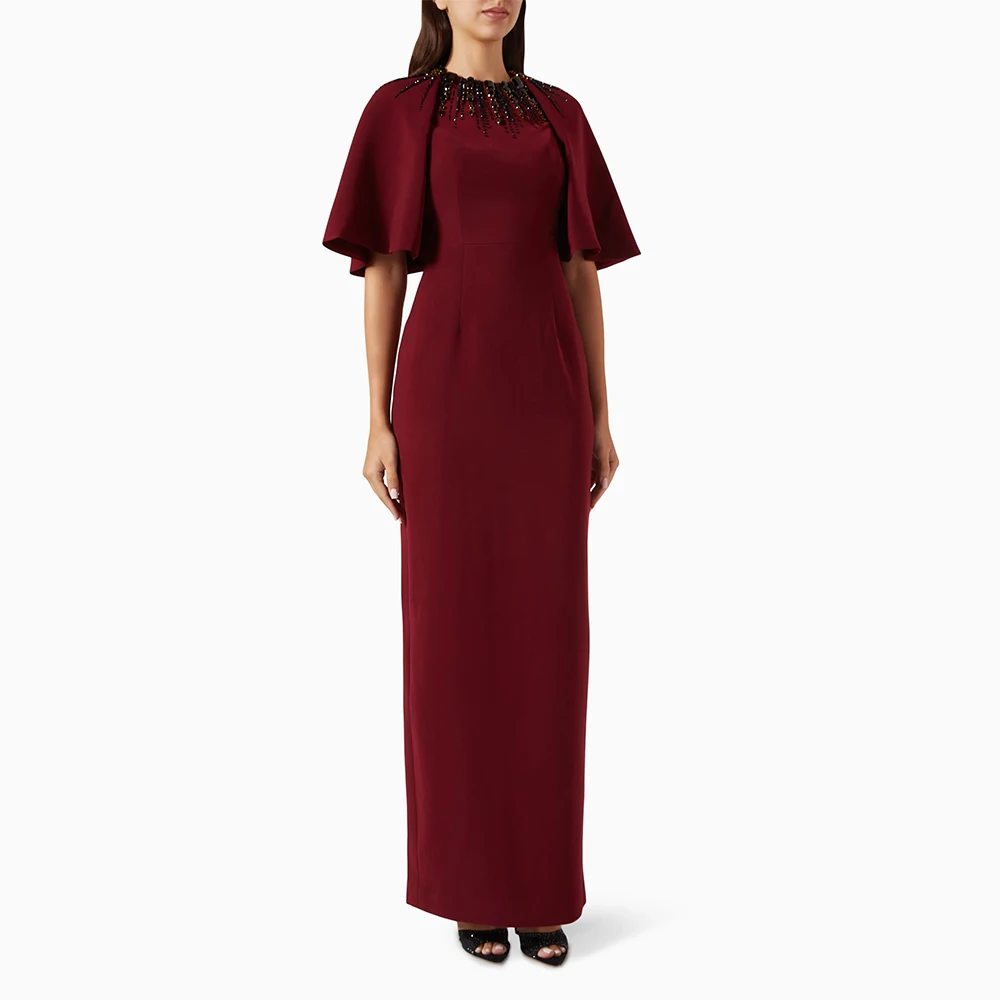 

Burgundy Evening Dress Floor Length Prom Dress Sheath Formal Party Gown O Neck Beading Saudi Dress With Short Flared Sleeves