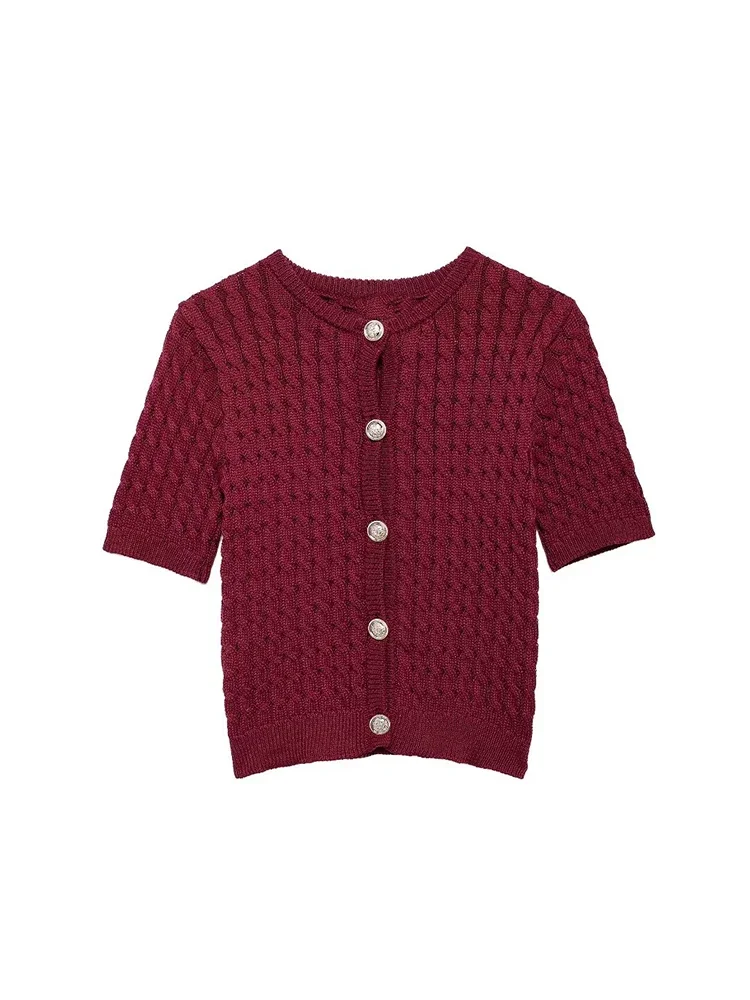 Willshela Women Fashion Wine Red Single Breasted Knitted Sweater Vintage O-Neck Short Sleeves Female Chic Lady Outfits