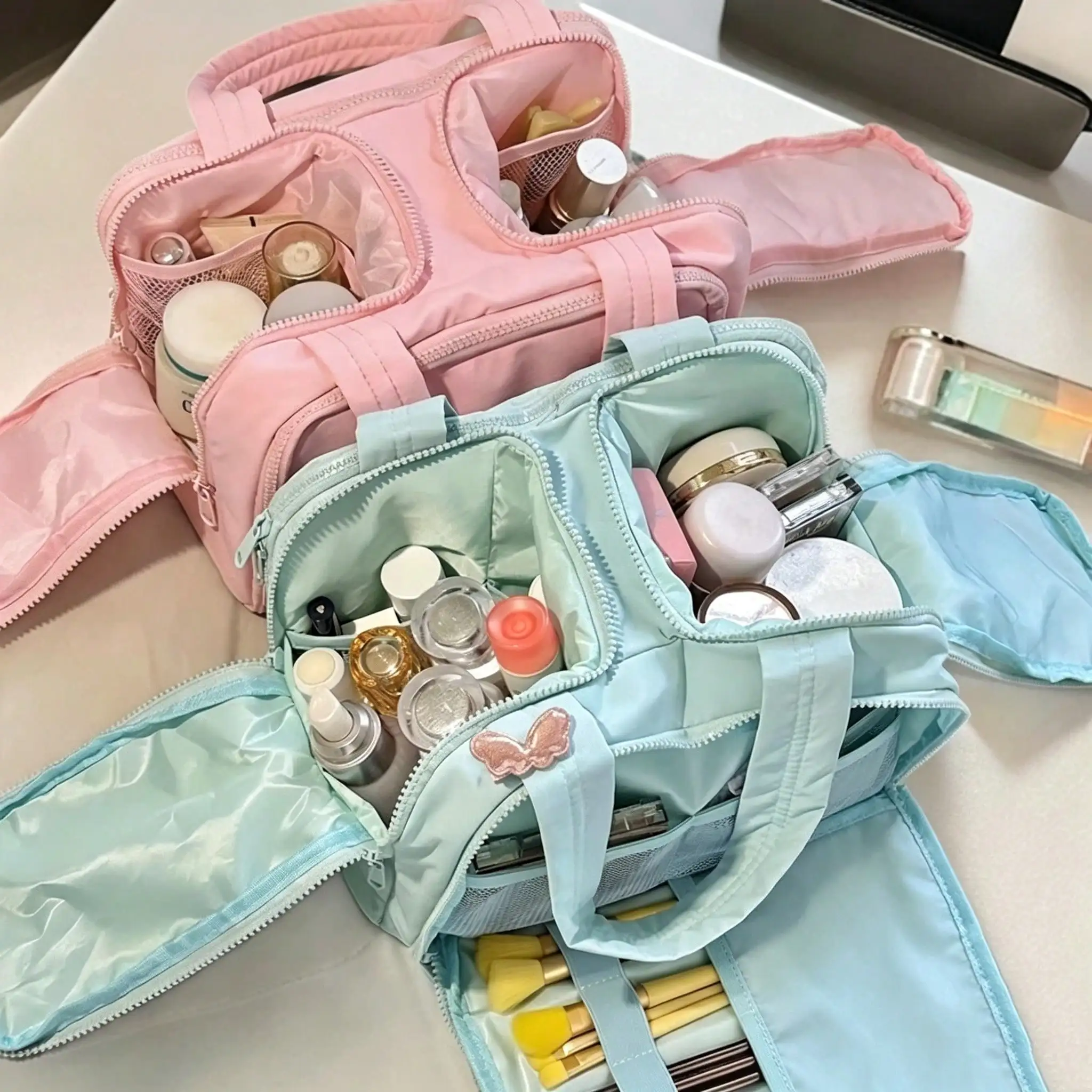 1 Piece Double-Opening Makeup Bag, Large-Capacity Portable Women's Toiletry Organizer, Travel Bag, Multi-Compartment Zippered Foldable Storage Bag sg251127699939965499