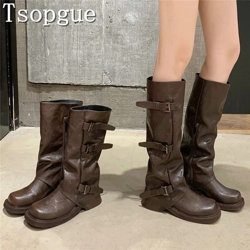 

Newest Fashion Women Leather High Boots Belt Buckle Mid Tube Knight Boots Square Toe Chunky Heels Motorcycle Boots