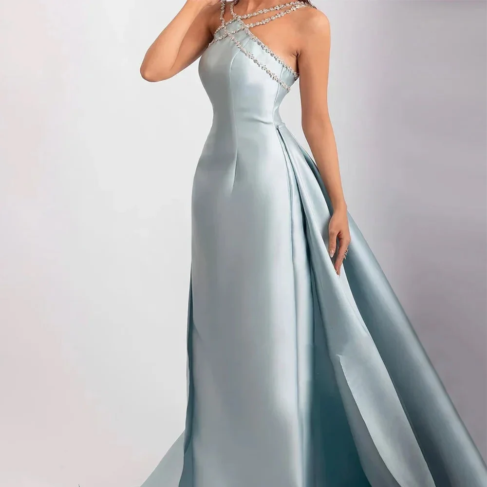 

2025 Women's Long Chic Evening Dresses Satin Sheath/Column Valentine's Day Dress Sky Blue Halter Crystals Party Sweep Train Gown