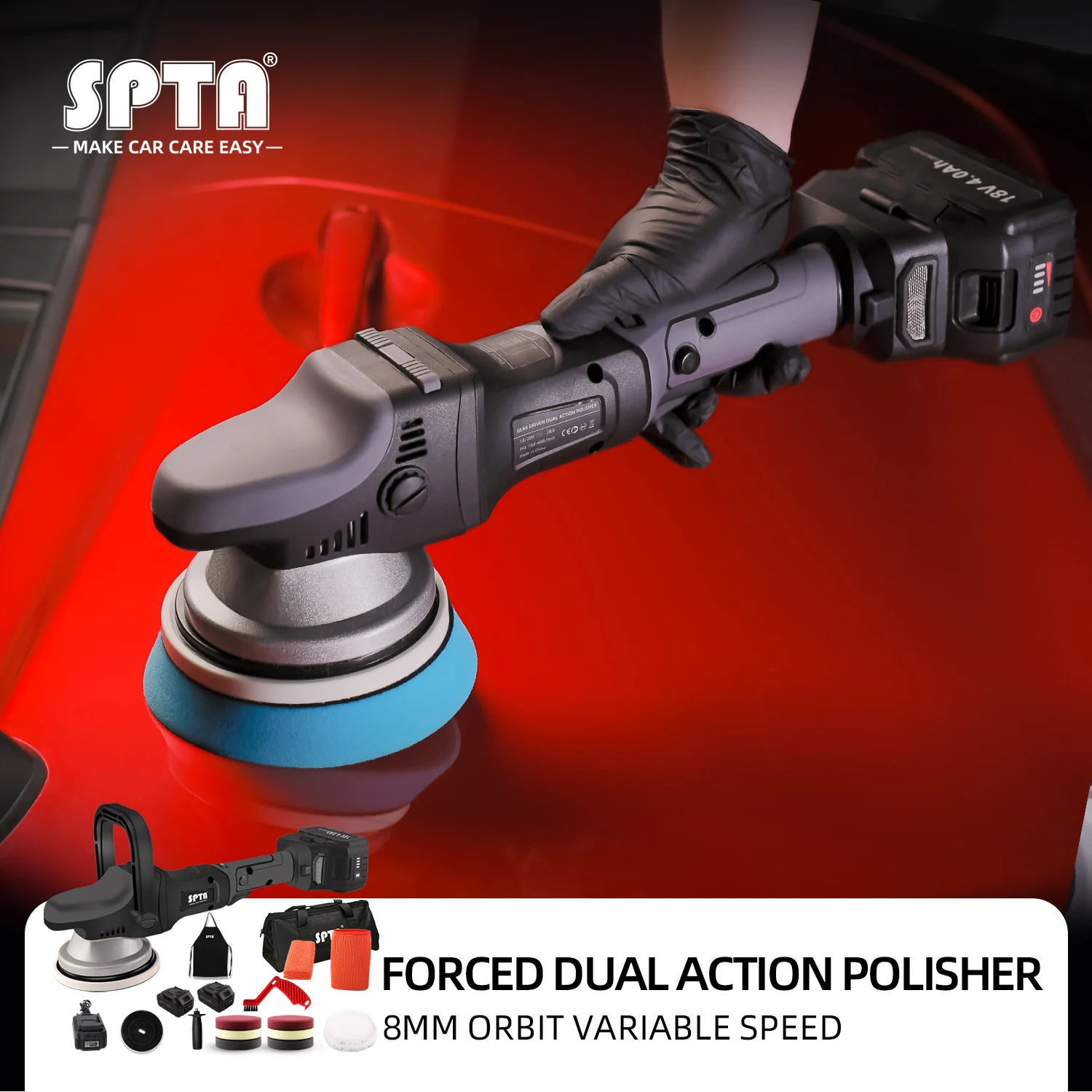 

SPTA 5 Inch (125mm) 18V Cordless Forced Dual Action Polisher Car Polishing Machine 8mm Random Orbital Batteries Set