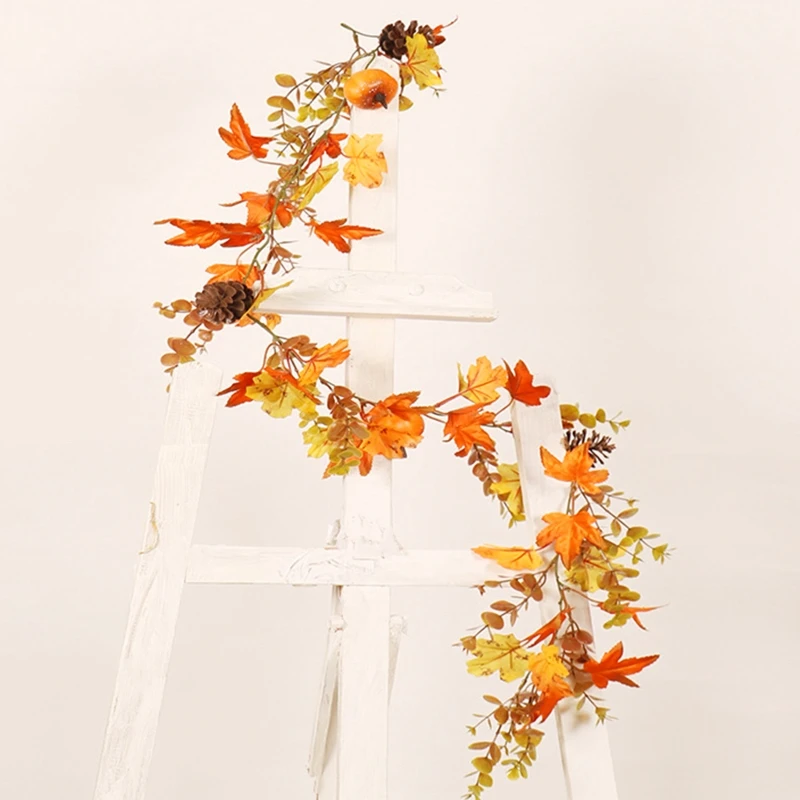 

Autumn Garland Decor Artificial Fall Maple Leaves with Pumpkins Pine Cones Sunflower for Halloween Thanksgiving Ornament