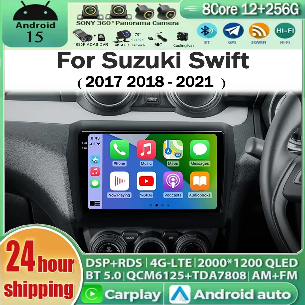 Android 16 Carplay&Auto For Suzuki Swift 2017 2018 - 2021 Car Radio Navigation Multimedia Stereo Player BT QLED GPS WIFI 4G RDS
