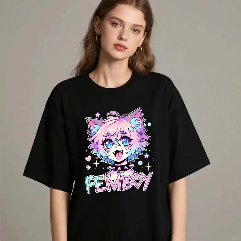 Femboy T-Shirts mit Grafikdruck für Damen, Sommer, lässige Mode, Harajuku, Vintage-Oberteile, lockere Passform, Rundhalsausschnitt, kurzärmelig. – Detail 1