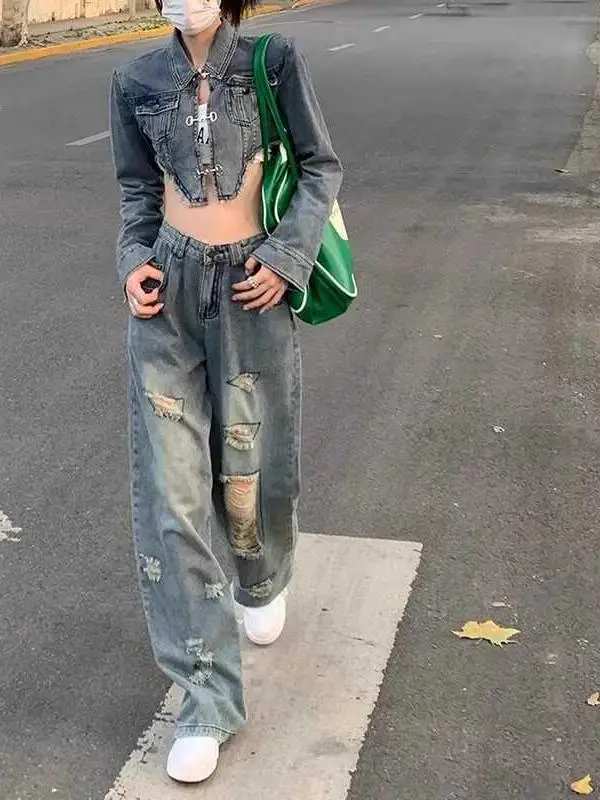 

American Style Retro Hole Denim Jeans Women's High Waist plus Size Loose Slim Straight Leg Long Pants Autumn New Arrival