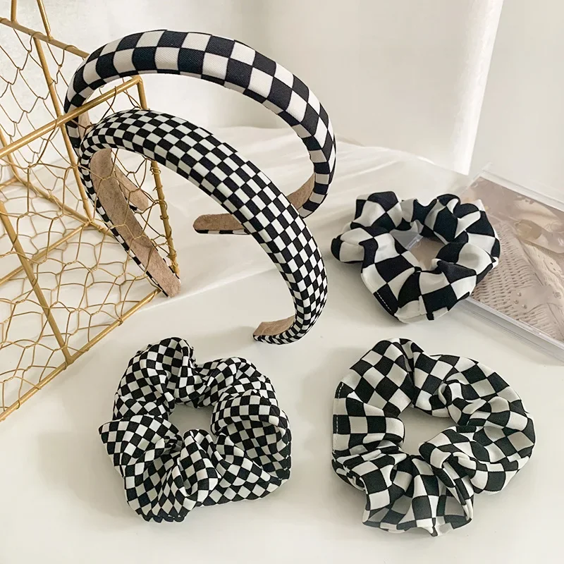 

Black and white grid hair band wide sponge headband fabric retro hair tie headband