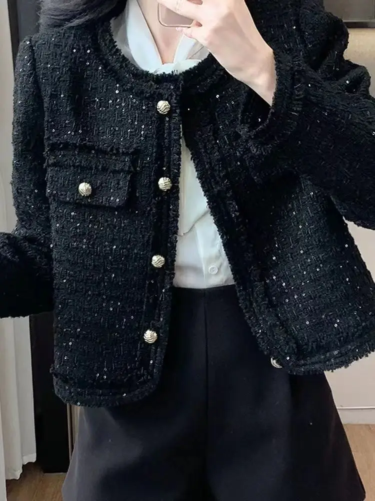 Shan Style Short Coat Korean Version High Quality Thick Tweed Design Versatile Slimming Sequin Top for Young Women