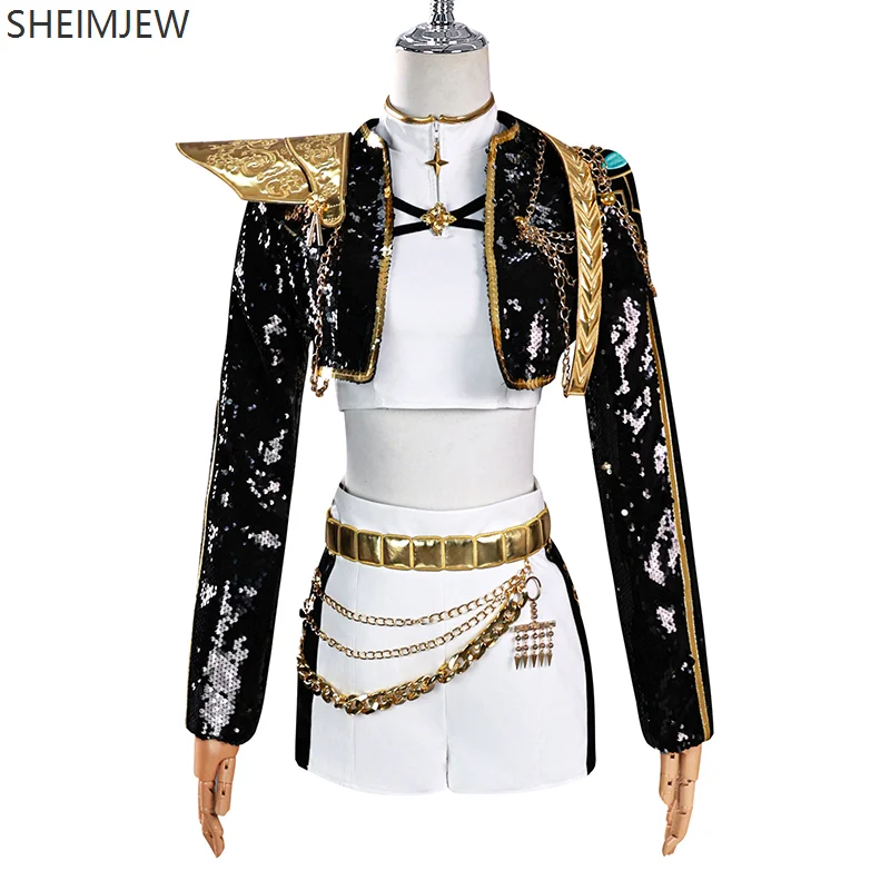 Rumi Zoey Mira Cosplay Kpop Demon Hunter Girls Group Cosplaykostuum Dames Zwart en Goud Paillettenset Halloween Feestset 2025