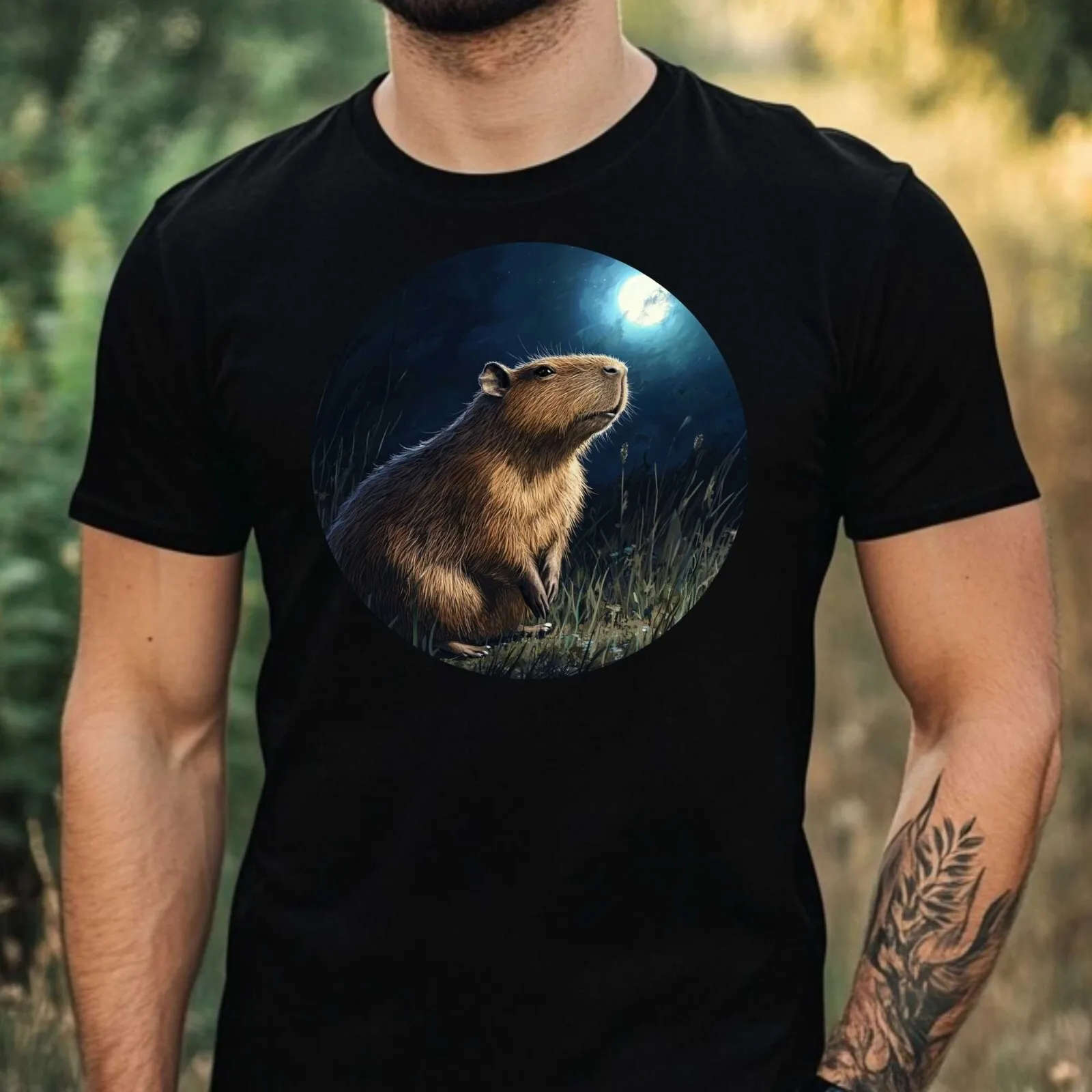 Mens Capybara Moonlight Motif Cotton T-Shirt Size XS to 5XL