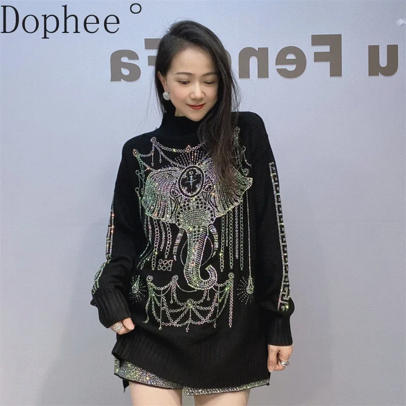 Luxury Hot Drilling Women Sweater 2024 New Autumn Winter Half High Collar Loose Pullover Top Mid-long Knitted Basic Shirts