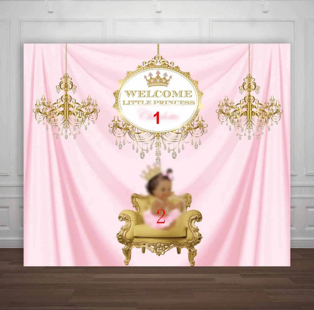 Custom Pink  Gold Chandelier Princess Crown Baby Shower 1st backdrop High quality birthday background