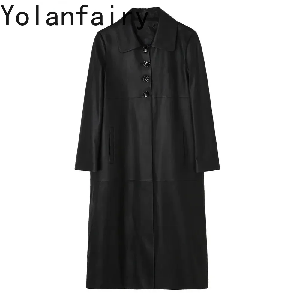 

YOLANFAIRY длинные куртки из натуральной кожи для женщин, кожаная одежда, модная свободная куртка большого размера, женский плащ из овчины
