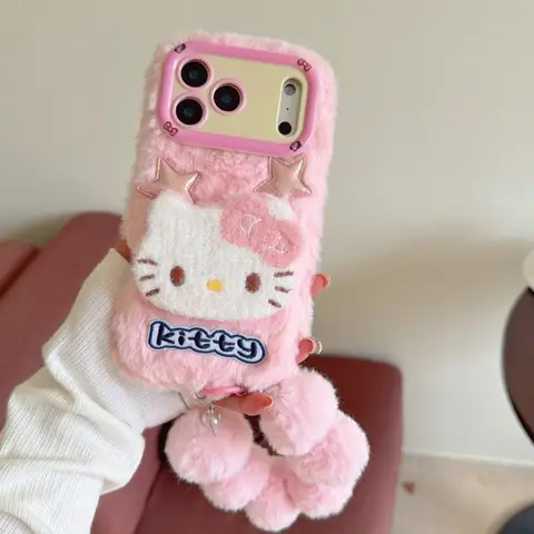 3D Plush Holle Kitty With Portable Lanyard For iPhone 17 pro max case 17Air 16Pro 15/14 16 Plus 13 11 12promax Case Girl Cute