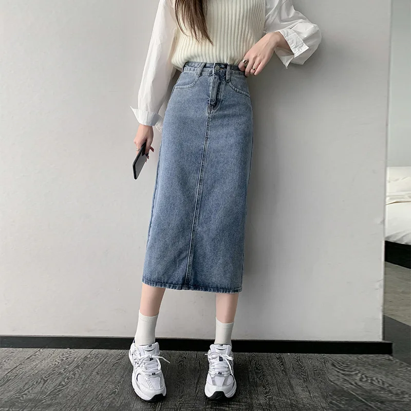 

Women's Spring and summer new open denim skirt high waist thin package hip skirt