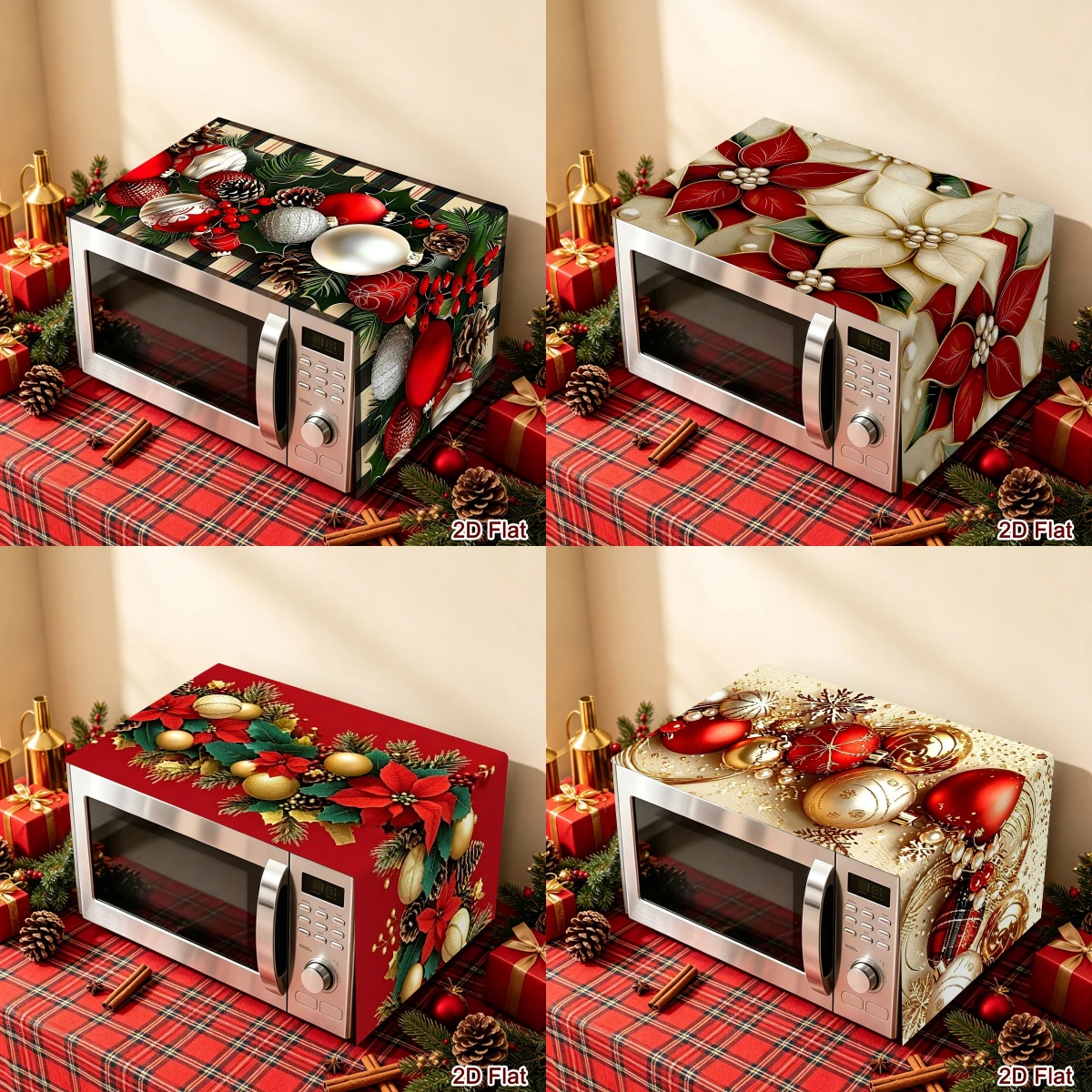 1pc 2026 Christmas Microwave Oven Cover Xmas Ornaments Poinsettia Oven Dust Cover Christmas Decor for Home Appliance Protector