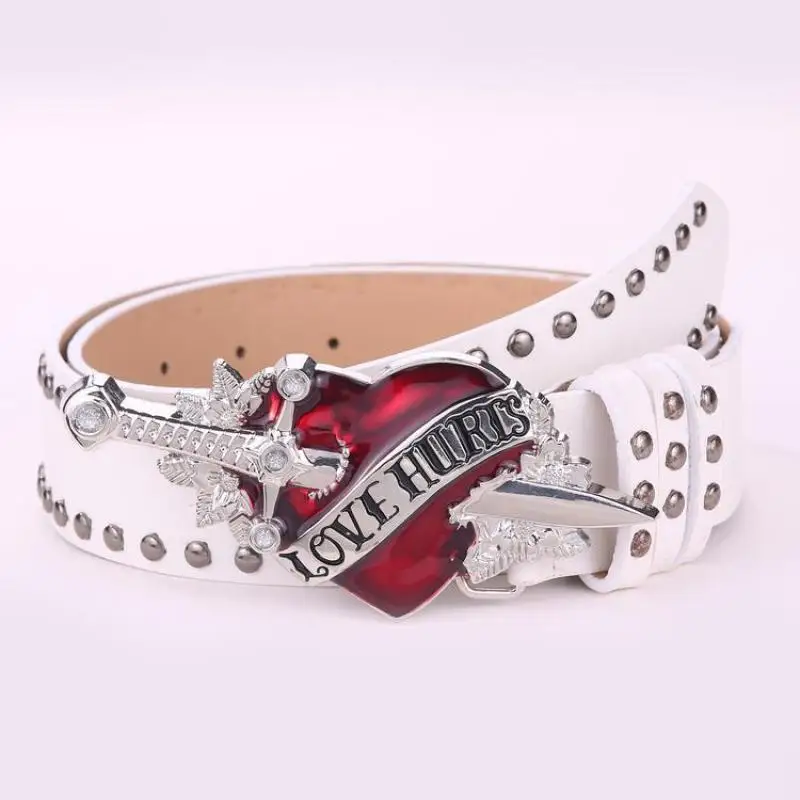 1587 Goth Red Heart Buckle Belt Punk Studded Rivet Waist Y2k Western Unisex Red Heart Goth Belts Punk Studded Rivet Waist Belt  main image 2