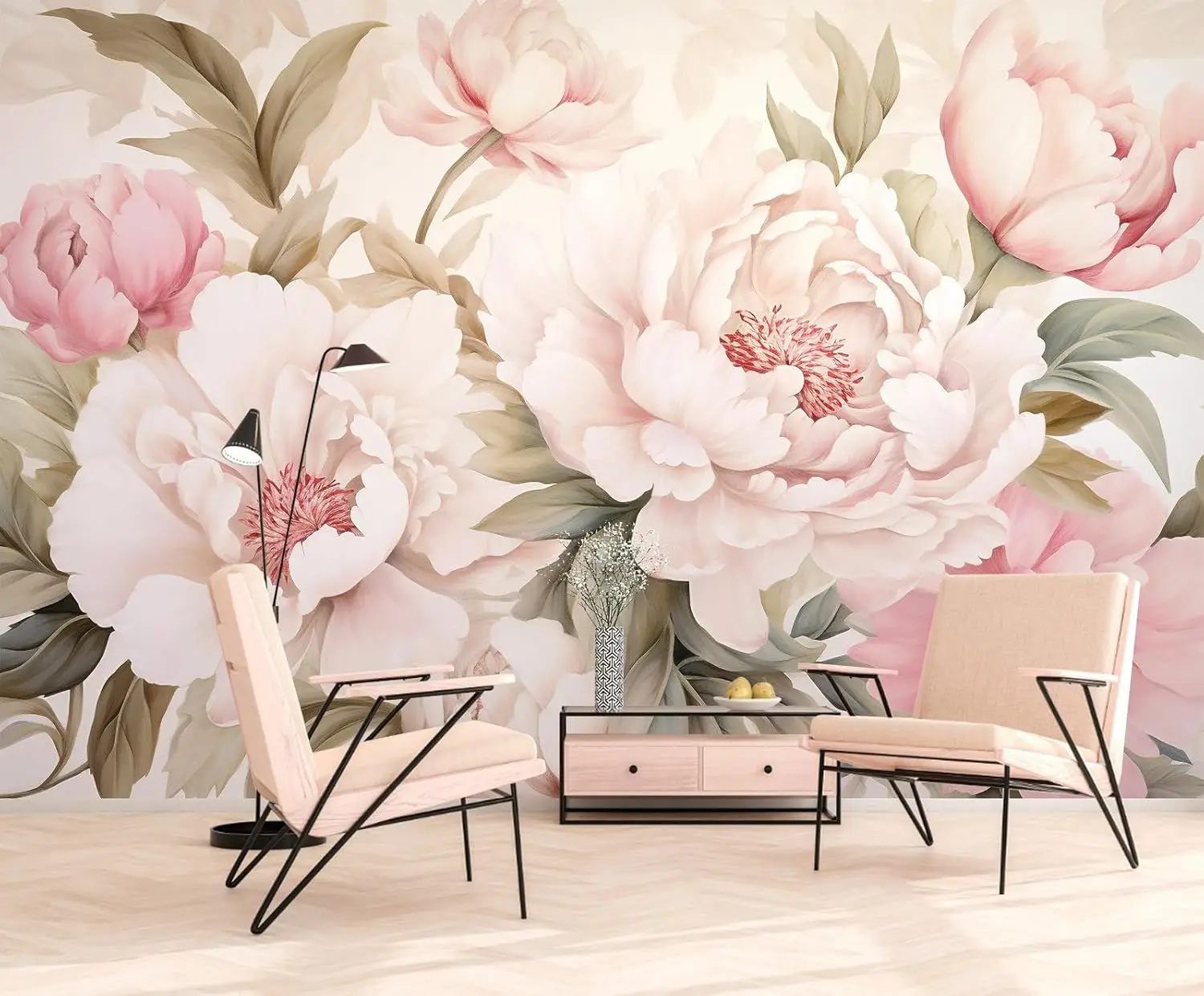 Elegant Peony Floral Mural Wallpaper Vanity Desk Makeup Table Set for Romantic Bedroom Bathroom Room Decor - view 3