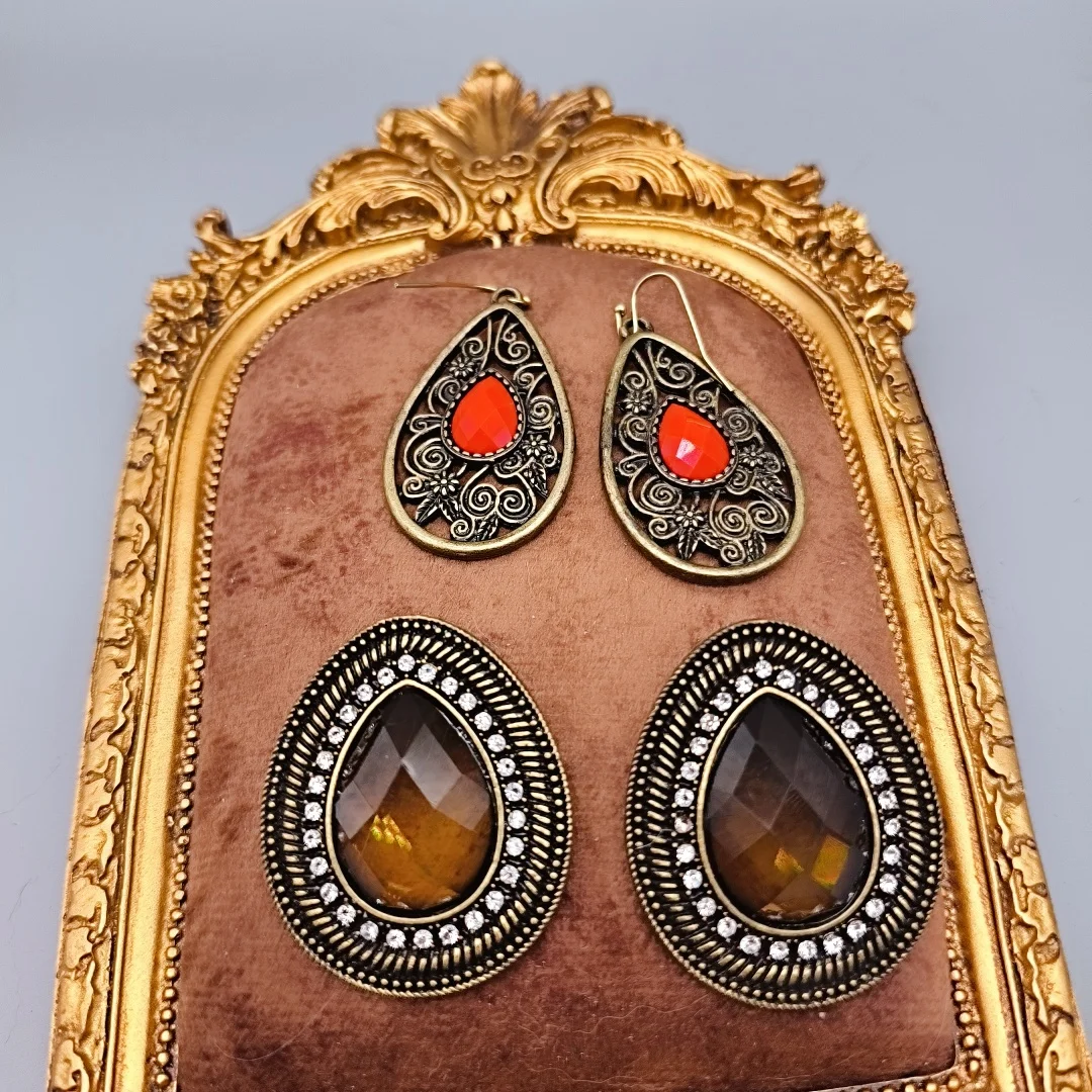 Textured Large Teardrop Glass Earrings Exaggerated Vintage Rhinestone Drop Studs Double Sided Wearable Teardrop Pendant Jewelry