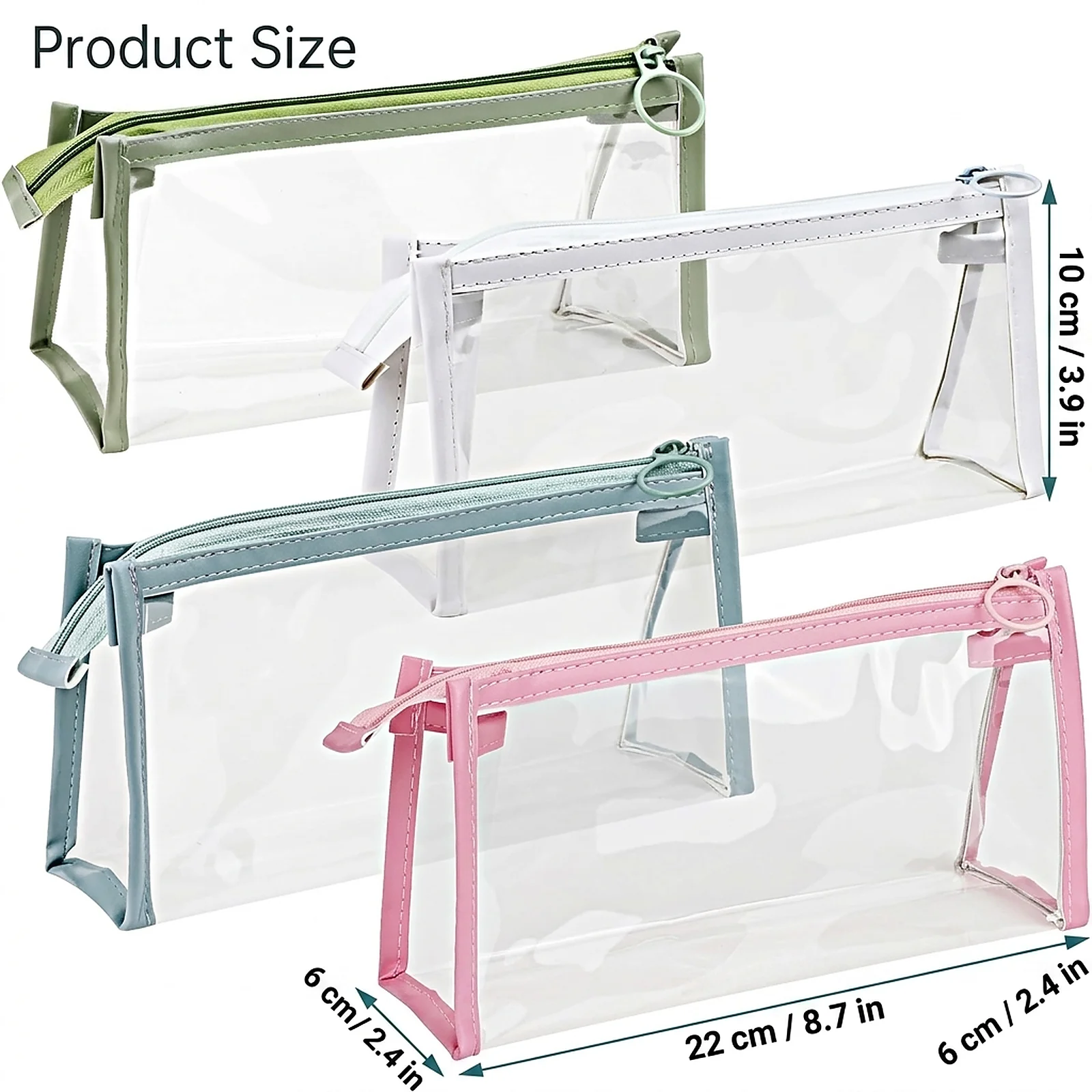 Zoyiancy 4 Pack Clear Pencil Pouch with Zipper, Standing Transparent Pen Cases with White Mint Blue Pink Trim, Large Capacity Makeup Cosmetic Travel Bag for Office College