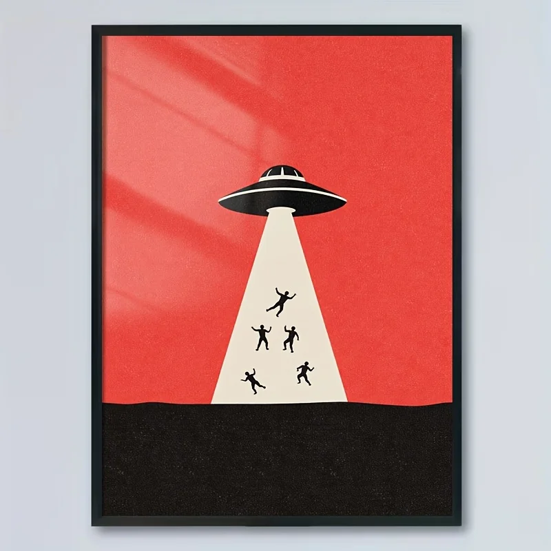 2D Flat, 2D Flat Canvas Painting 1pc Product Image 2D Flat 1pc UFO Abduction Wall Decor - Vintage Minimalist Vertical Hanging
