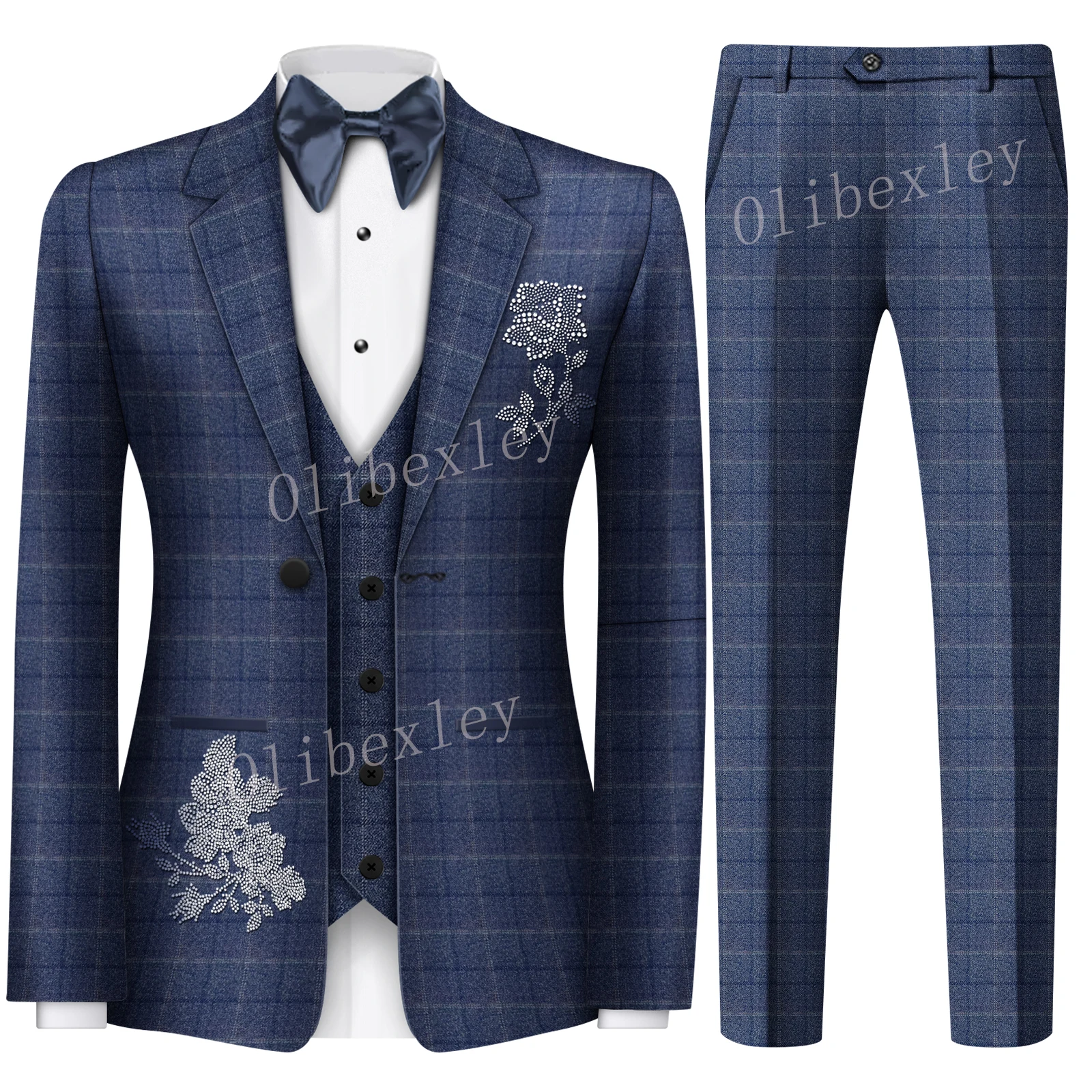 Mens Plaid Suit Slim Fit 2 Pieces One Button Beads Checked Vintage Tuxedo Suits Men for Wedding Party Blazer Jacket Pants Sets