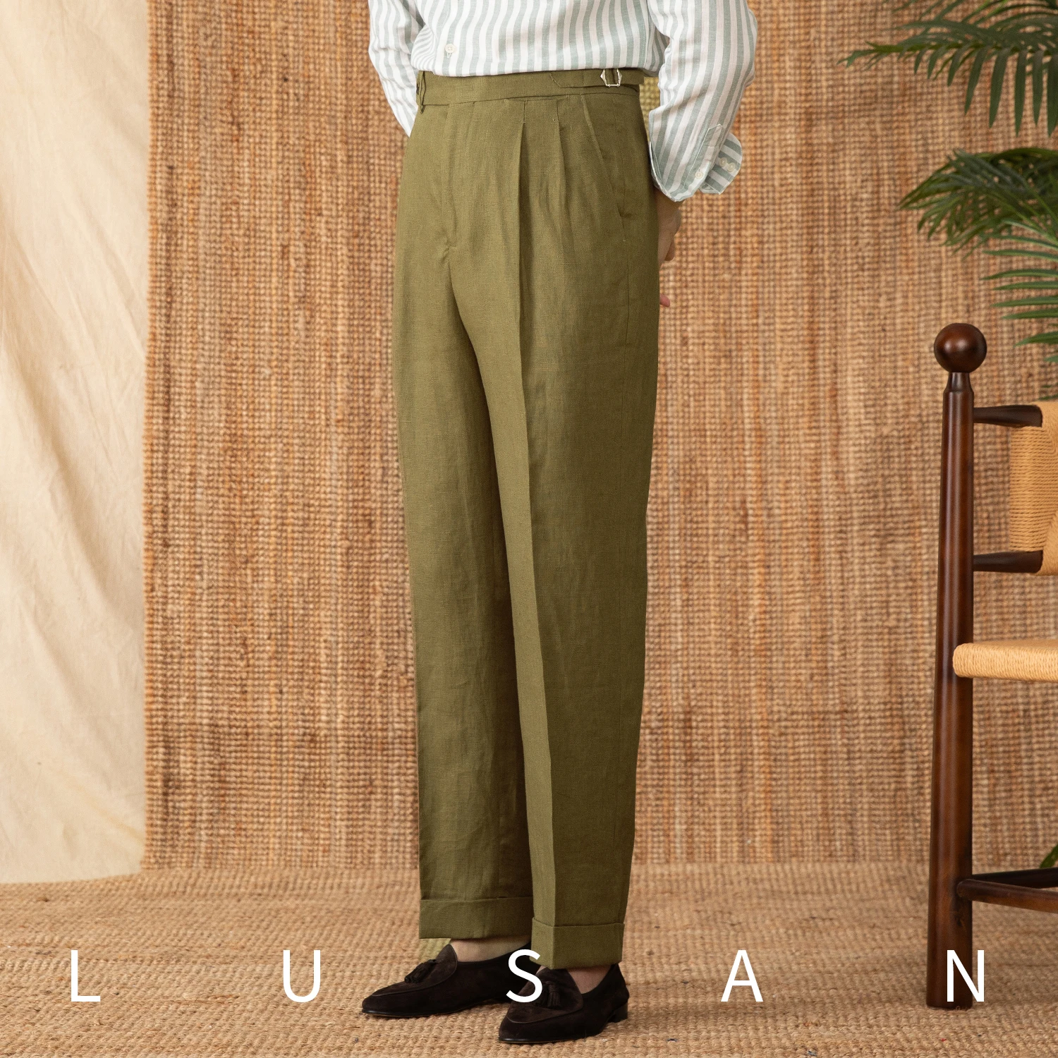 ฤดูร้อนอิตาเลี่ยนเนเปิลส์ระบายอากาศ 100 ผ้าลินินเอวสูงตรงกางเกงหลวมกางเกงลําลองสําหรับผู้ชาย