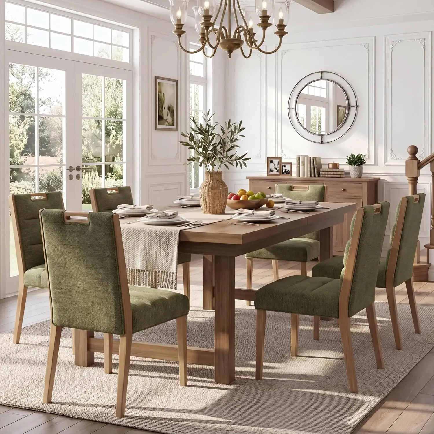Upholstered Dining Chairs Set of 6, Green Chenille, Solid Wood