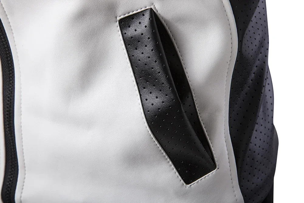 New Men Stand Collar Black White Color Matching Casual Leather Jacket Fashion Racing Clothing PU Leather Jacket Plus Size 5XL
