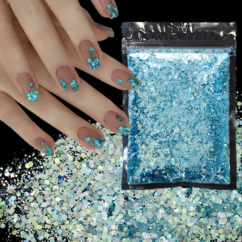 50g Blue Holographic Mixed Nail Glitter Flakes Powder White Pink Iridescent Nail Diamond Hexagon Chunky Sequins Epoxy Nail Decor