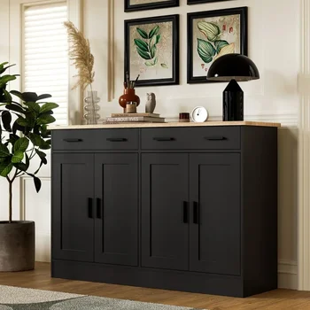 Image Buffet Cabinet, Coffee Bar Cabinet with 2 Drawers & 4 Doors, Kitchen Buffet Sideboard for Living Room, Kitchen