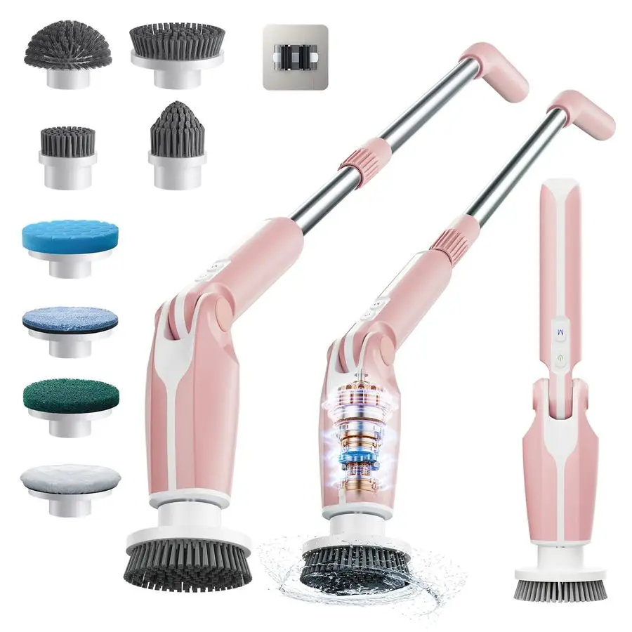 

Electric Spin Scrubber, Shower Scrubber with 4 Adjustable Angles and 8 Brush Heads, Electric Scrubber with Long Handle amp Remot