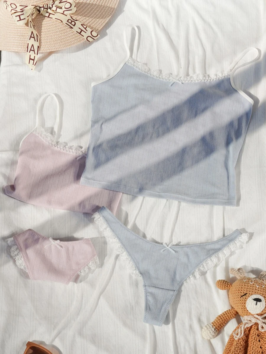 

Lace Trim Eyelet Camis Underwear Pajama Set Woman Bow Sleeveless Slim Tank+Elastic Panties Female Cotton Casual New 2 Piece Sets