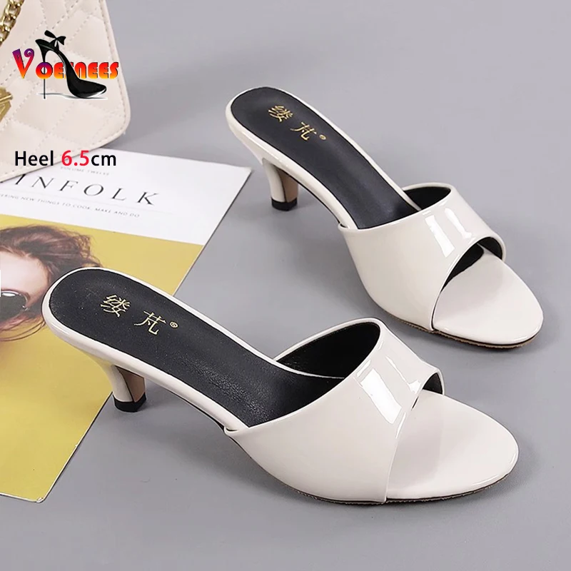 6.5CM Thin Heel Slippers For Woman Slides PU Leather White Summer Shoes Elegant Style Women Sandals Big Size Outdoors High Heels