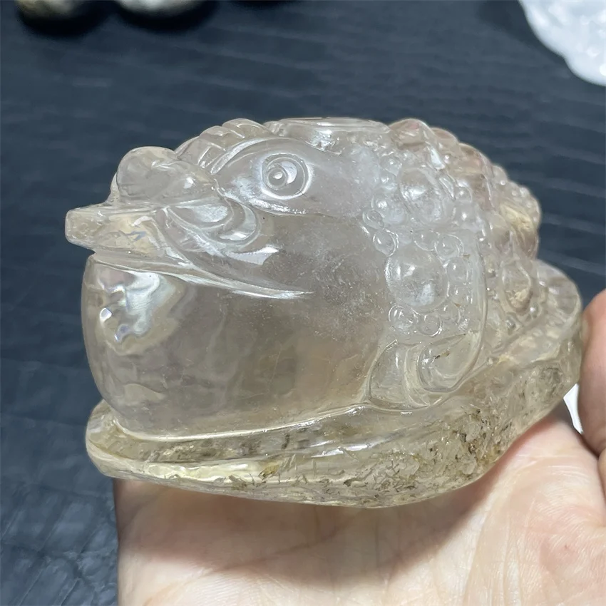 Natural Clear Quartz Smoky Golden Toad Crystal Hand carved view 3