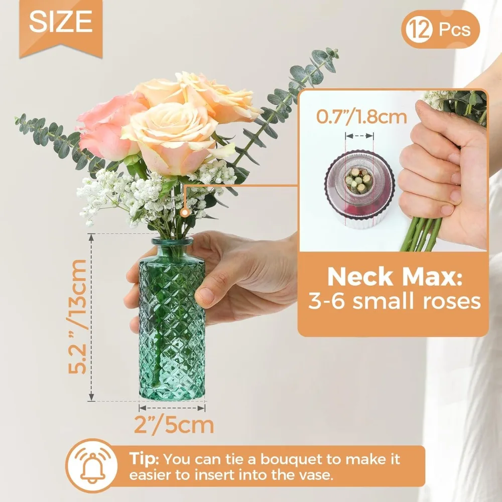 مجموعة مزهريات برعم زجاجية مكونة من 12 قطعة، مزهريات برعم ماسية صغيرة بكميات كبيرة، مزهريات زهور صغيرة للقطع المركزية، قطعة مركزية للديكور العتيق