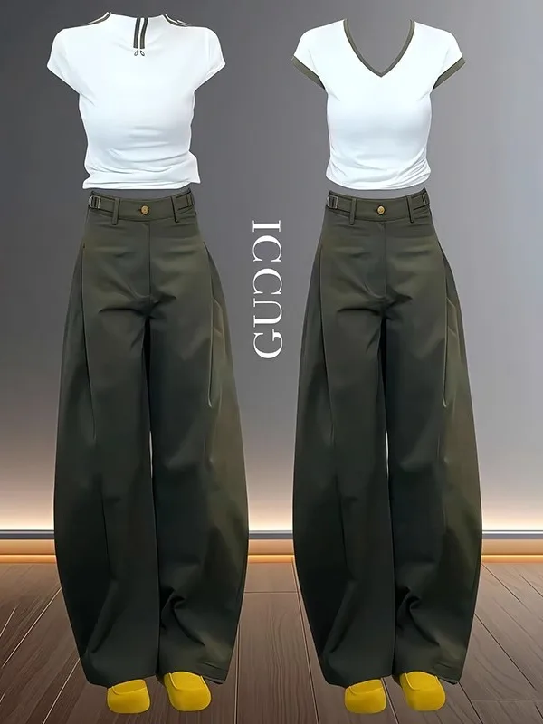 

Модные широкие брюки с высокой талией, женские ранние осенние повседневные брюки прямого кроя длиной до пола, рабочая одежда, нож